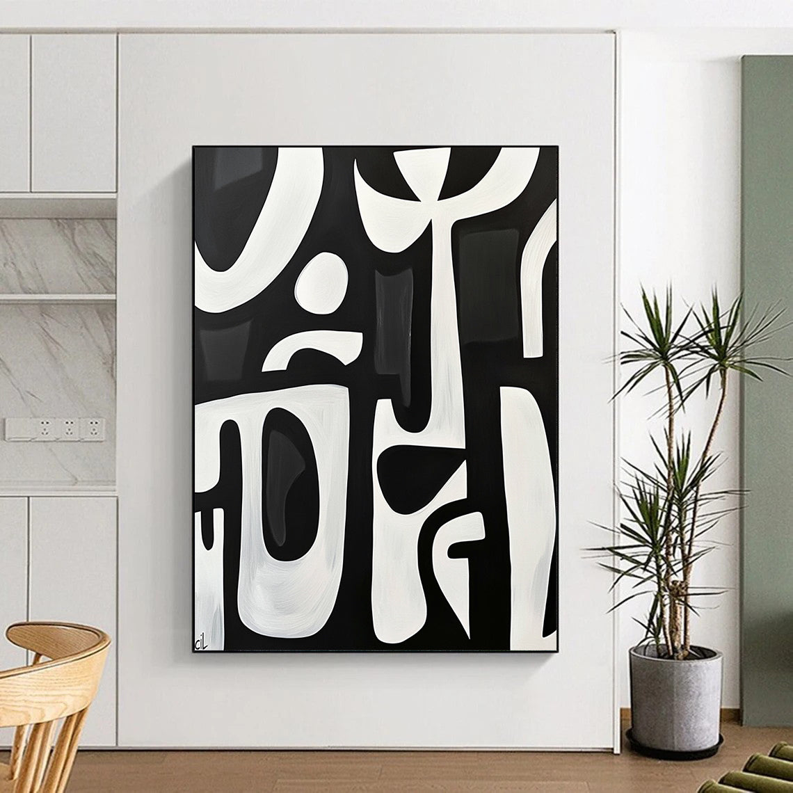 Large contemporary hand-painted abstract artwork featuring bold white shapes on a black background with minimalist design and elegant simplicity. DLZ1426
