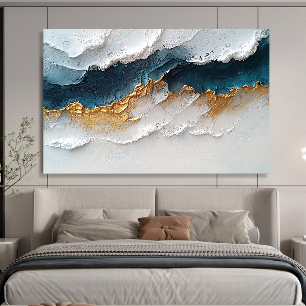 “Elegant Gold - Blue Textures” - White, Blue, Gold, Textured Abstract Painting On Canvas HB0731