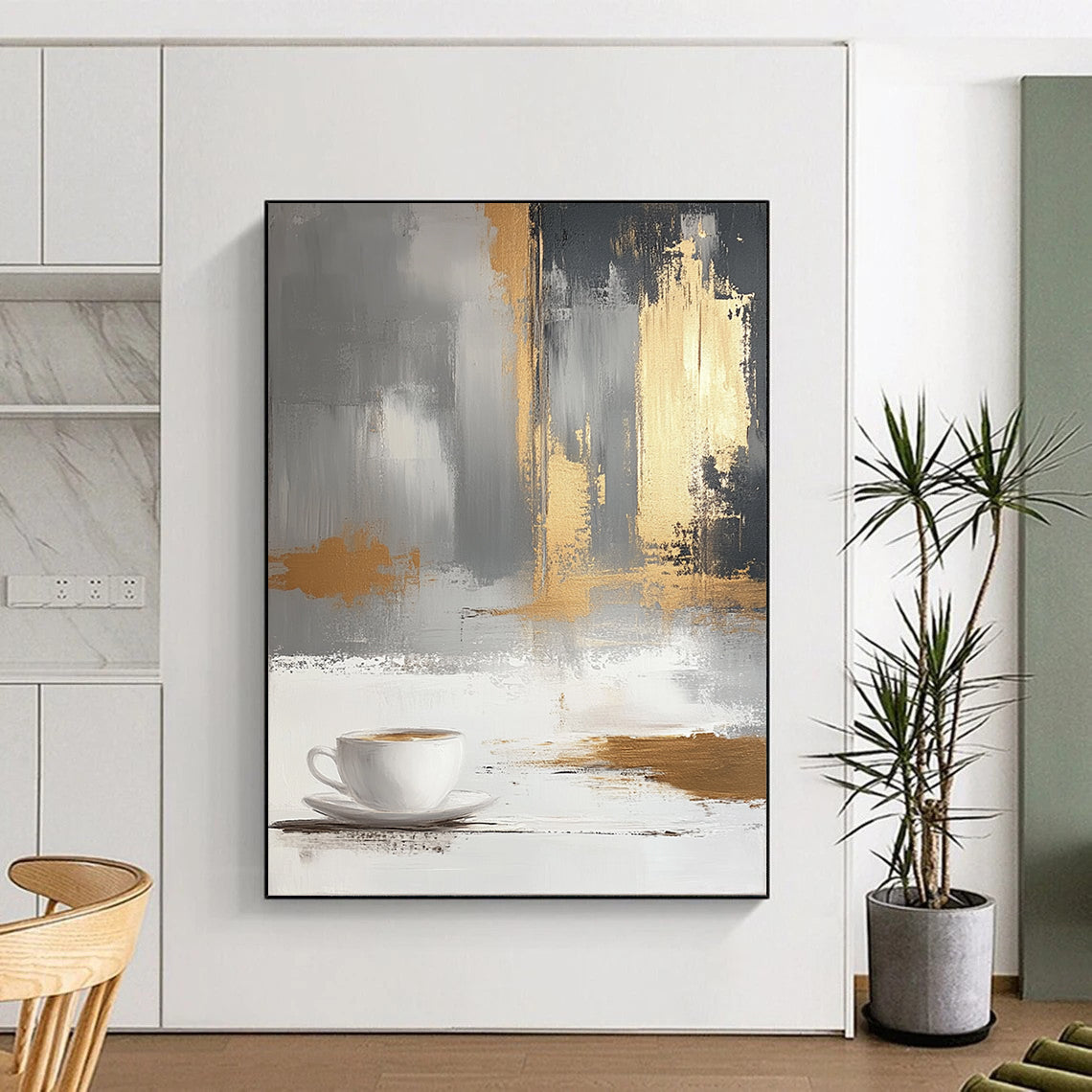 Contemporary abstract painting featuring a serene gray background with gold accents and soft brush strokes on canvas capturing elegance and tranquility. DLZ0724