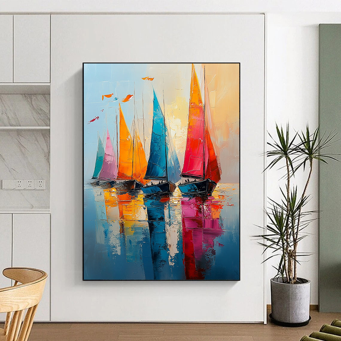 Contemporary abstract painting showcasing vibrant sailboats on shimmering waters with bold brush strokes and dynamic reflections under a light blue sky. DLZ1698