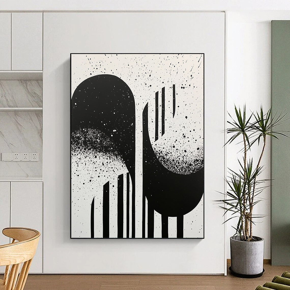Black, White, Splattered Shapes "Ink Splatter Silhouettes" Abstract Expressionist Painting On Canvas HB175