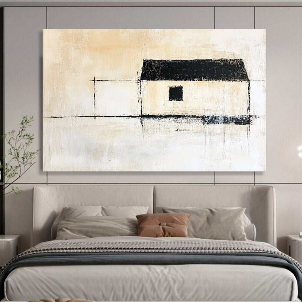 Minimalist Black - and - White House Silhouette – Abstract Acrylic Architectural Painting HB1468