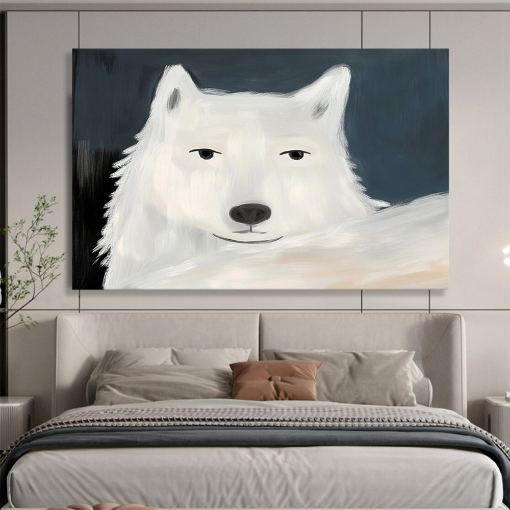 “Charming White Wolf Portrait” - White, Gray, Blue, Animal Portrait Painting On Canvas HB0775