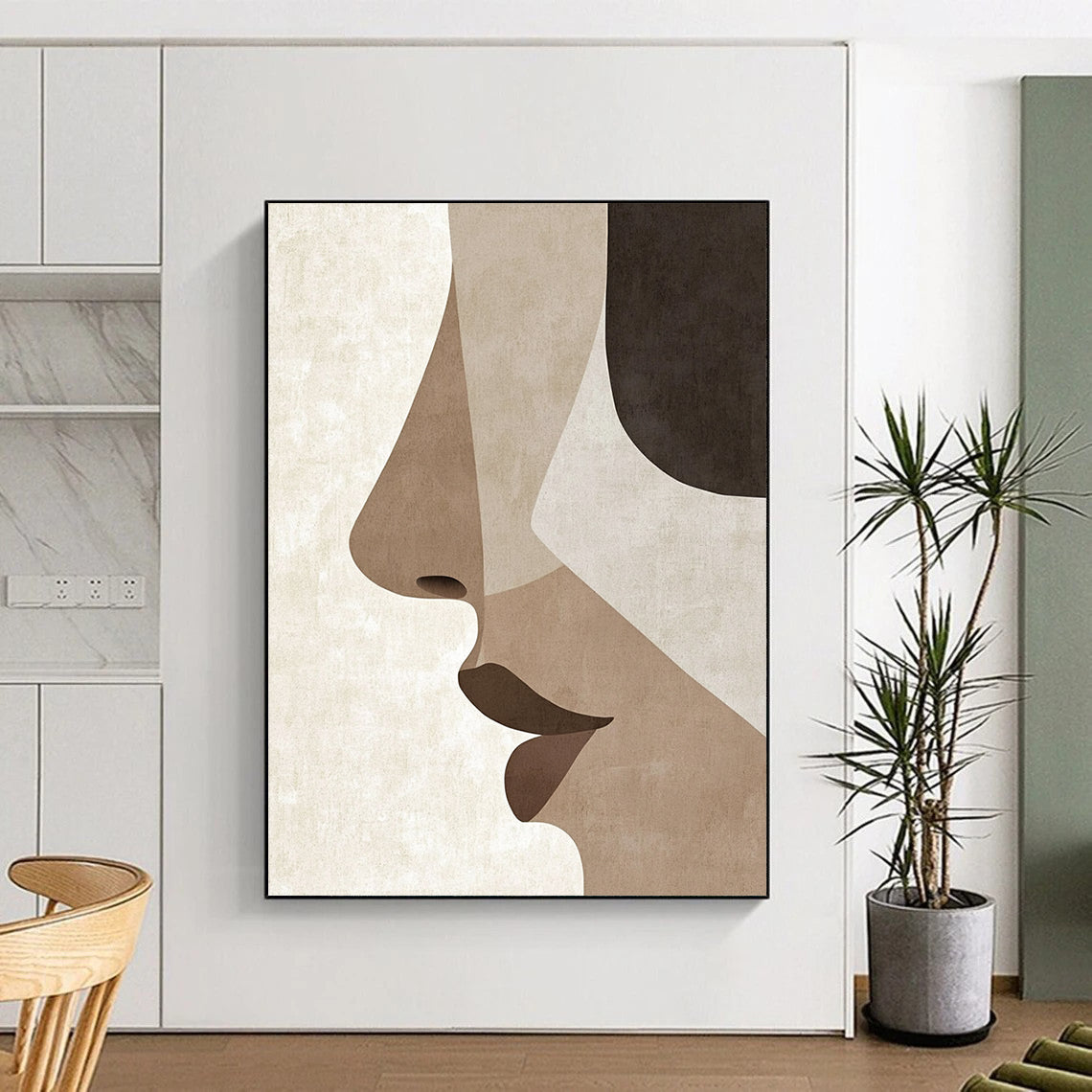 Contemporary hand-painted abstract art showcases minimalist Japandi style with simple facial features and a serene palette of earthy tones. DLZ1628