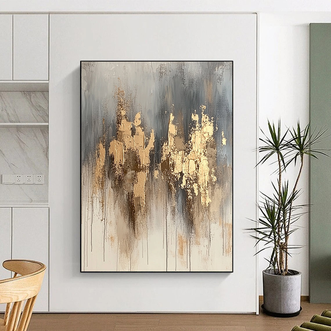 Contemporary hand-painted abstract artwork features neutral tones with gold accents and dynamic paint splashes for a refined aesthetic. DLZ1076
