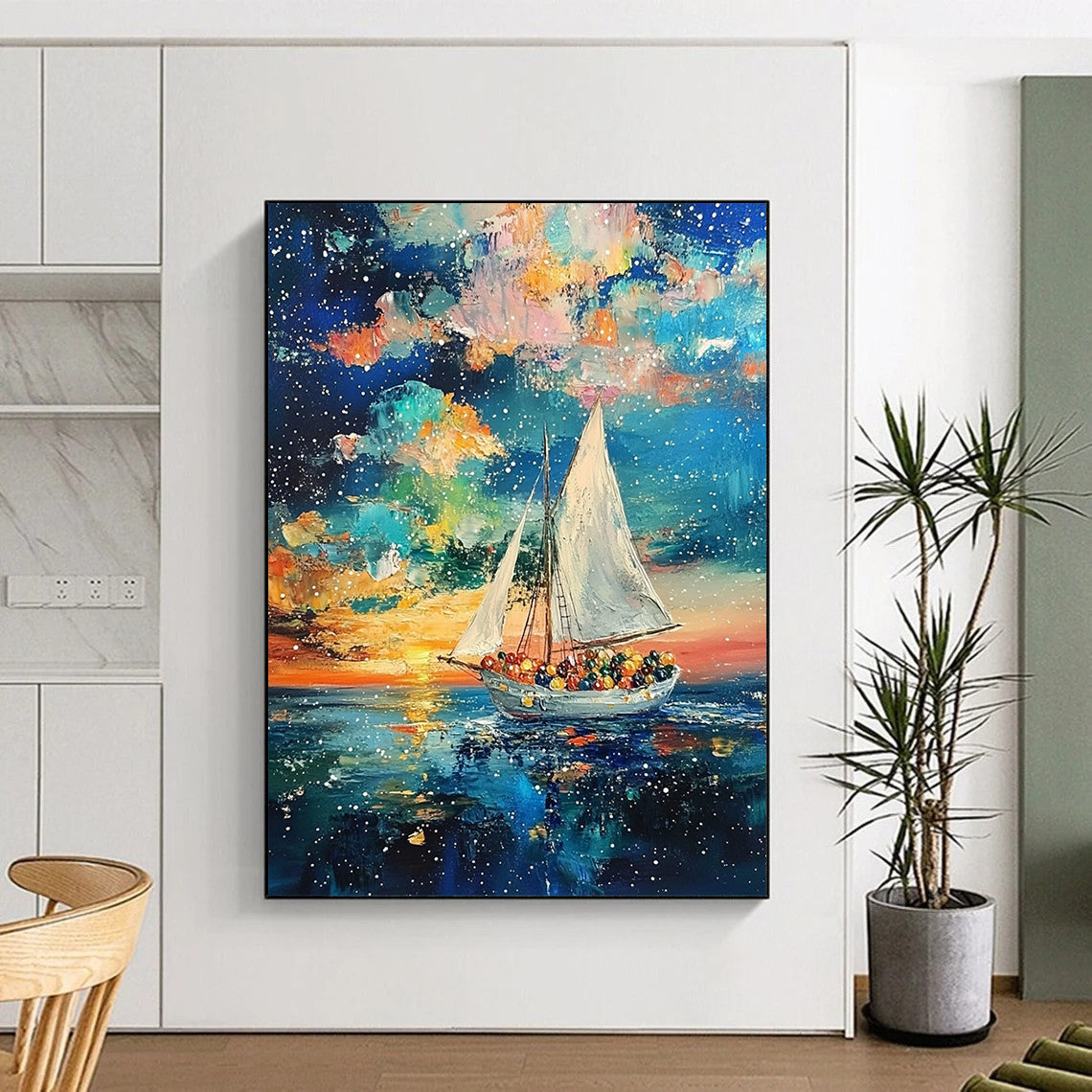 Contemporary abstract painting featuring a sailboat at sunset with vibrant fruits and vegetables against a starry ocean background in rich colors. DLZ1709