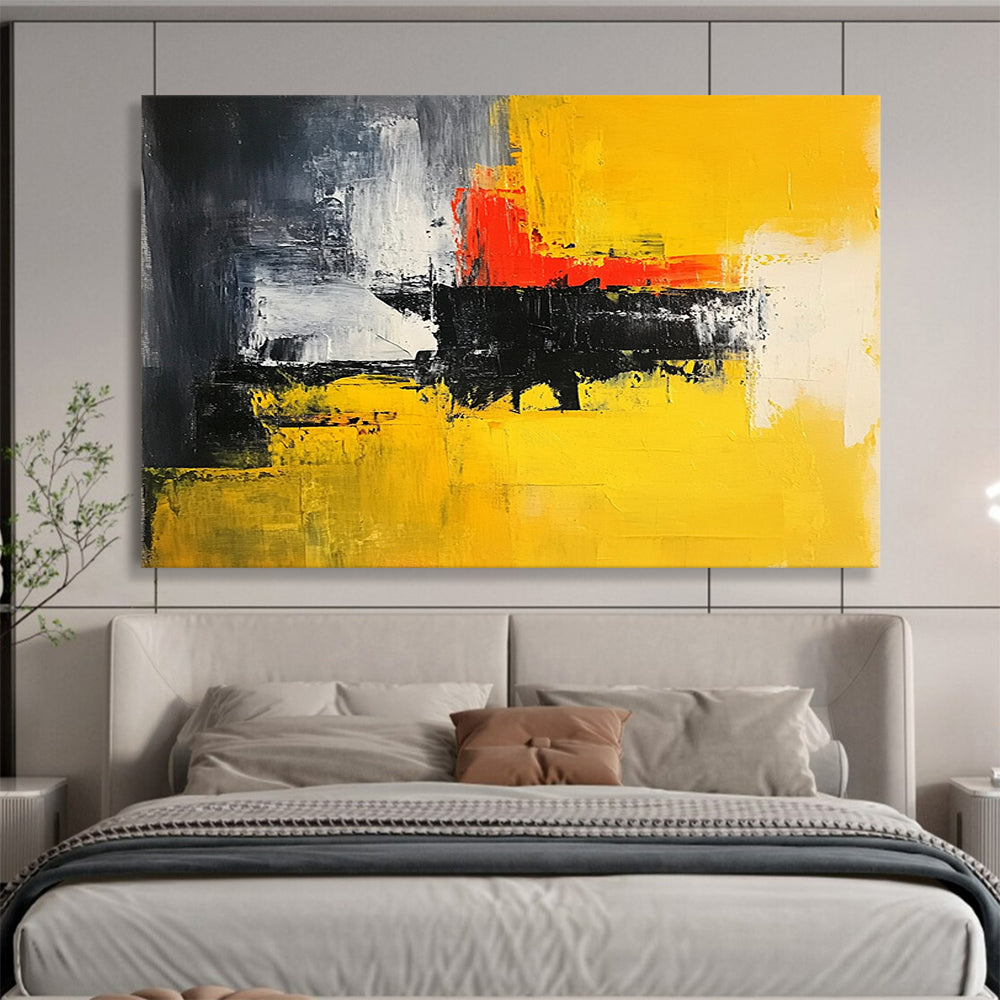 “Yellow Red Black Abstract” - Yellow, Red, Black, White, Gray, Textured Brushstrokes - Painting On Canvas HB1442