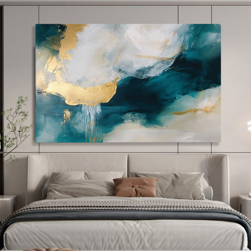 Teal, Gold, and White Fluid Dreams – Abstract Acrylic Flow Painting HB1467