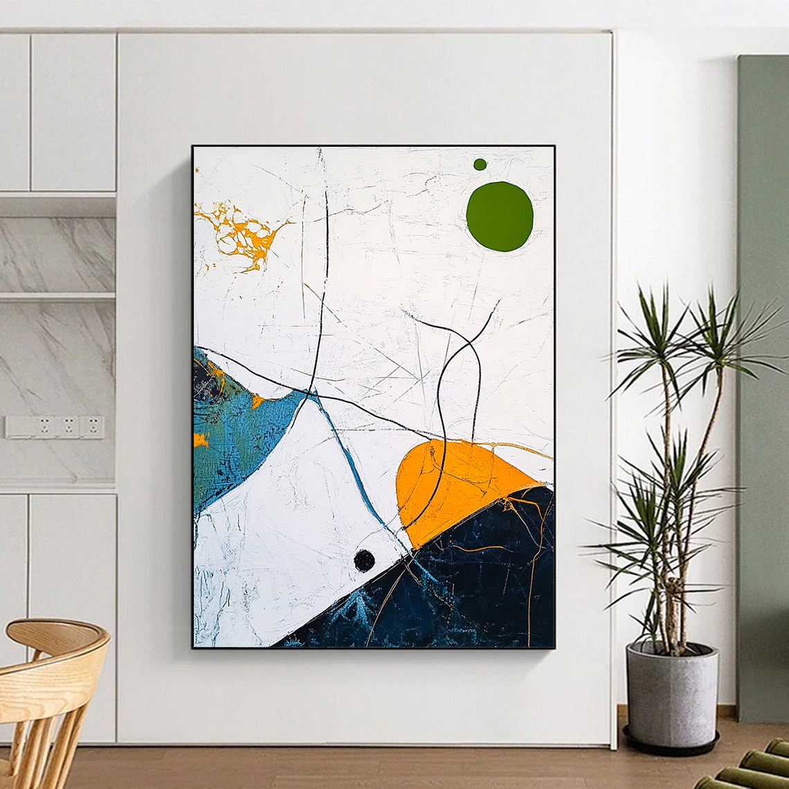 Contemporary abstract artwork featuring a white sky, light blue and dark green lines, a yellow outlined circle, an orange oval, and a green dot. DLZ0609