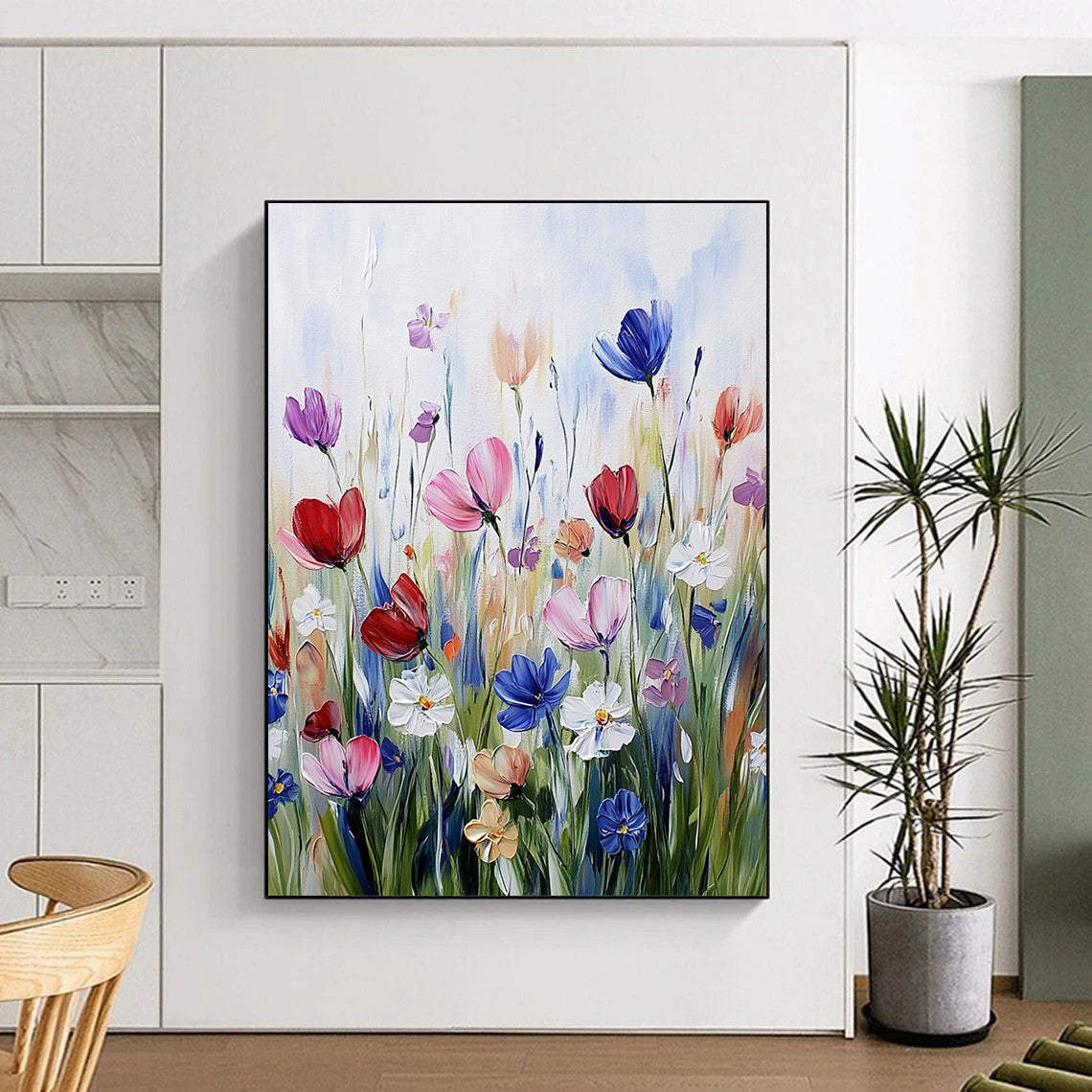 Contemporary hand-painted abstract artwork featuring vibrant wildflowers in soft brushstrokes, showcasing a harmonious color scheme on textured paper. DLZ1496