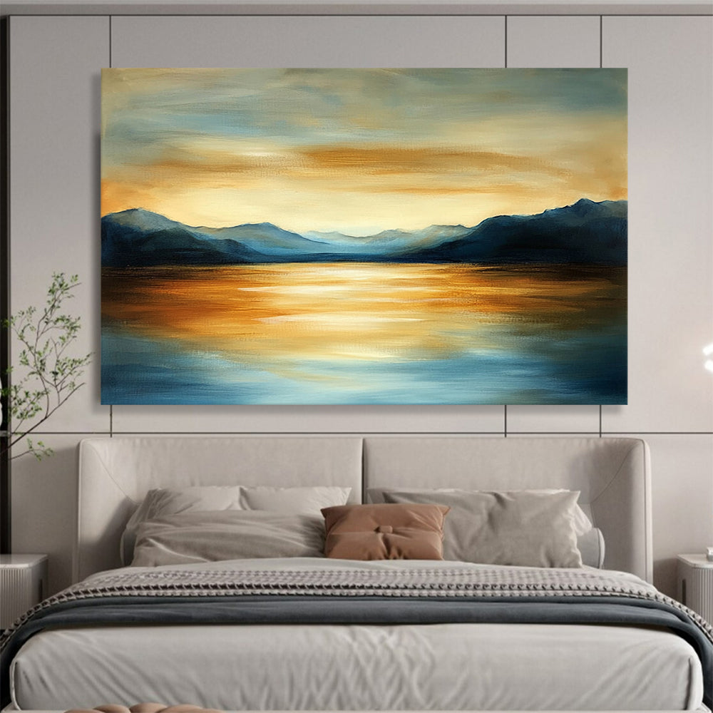 “Mountain Lake Sunset” - Blues, Oranges, Golds, Lake Surrounded by Mountains at Sunset - Acrylic Painting HB1608
