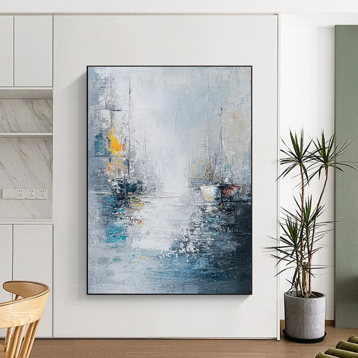 Contemporary abstract painting featuring sea and ships in a white gray blue palette with thick oil brush strokes. DLZ0636