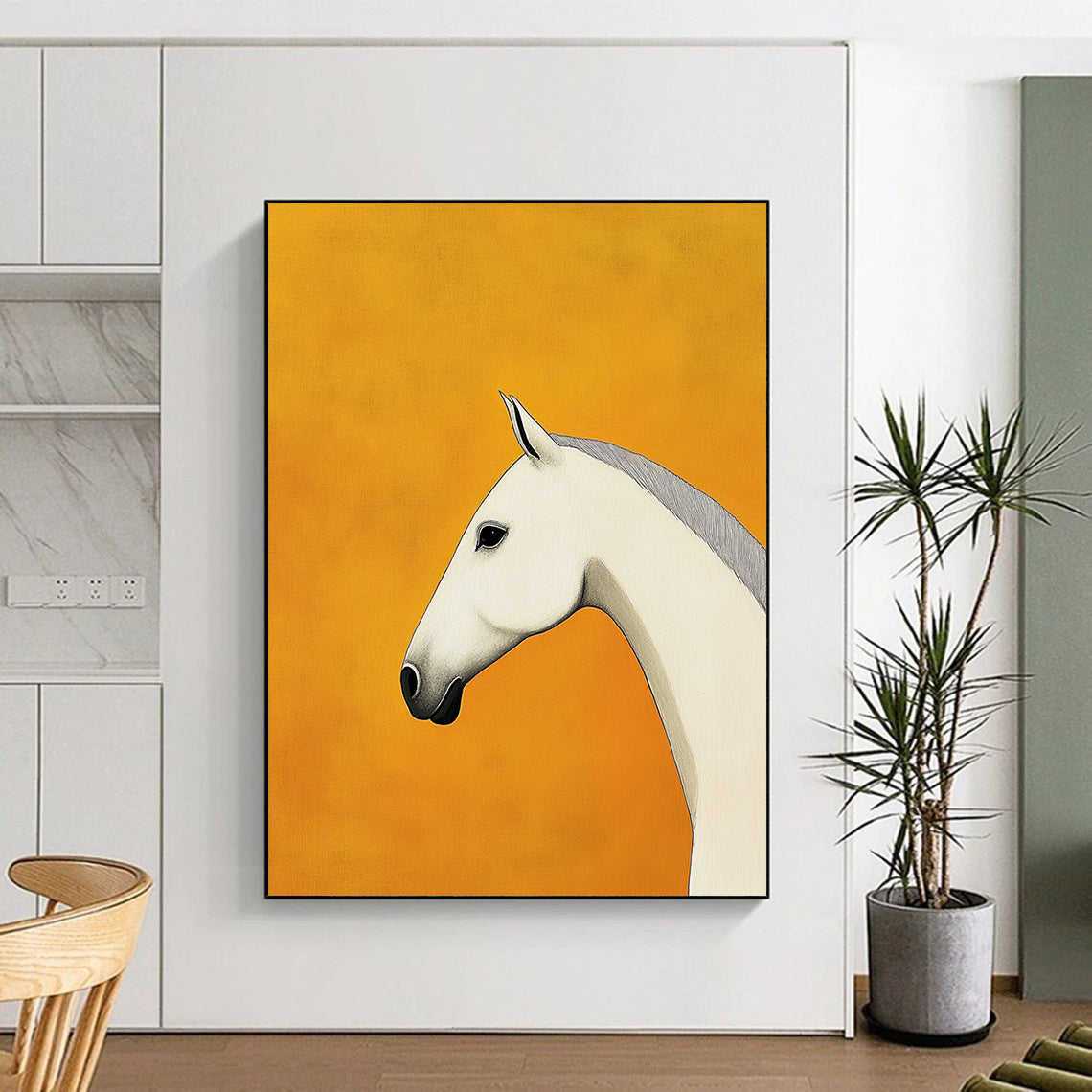 Contemporary hand-painted abstract art featuring a minimalist white horse design on a tranquil yellow background with clean lines and high-definition details. DLZ1513