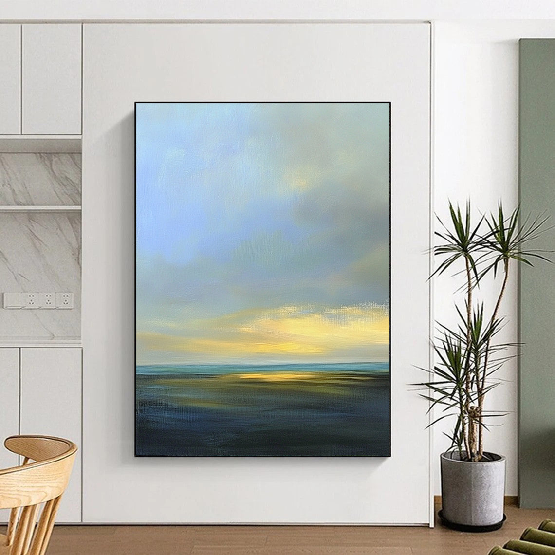 Contemporary abstract artwork featuring a serene sky with soft blues and grays, accented by light yellow highlights and distant clouds. DLZ0492