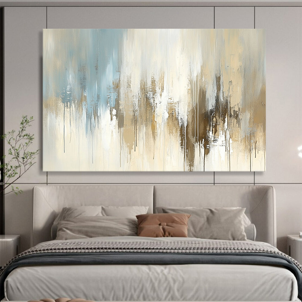 “Beige and Blue Abstract Drip” - Beige, blue, gray, white; Abstract with drip effects and soft color transitions; Acrylic Painting On Canvas HB1263