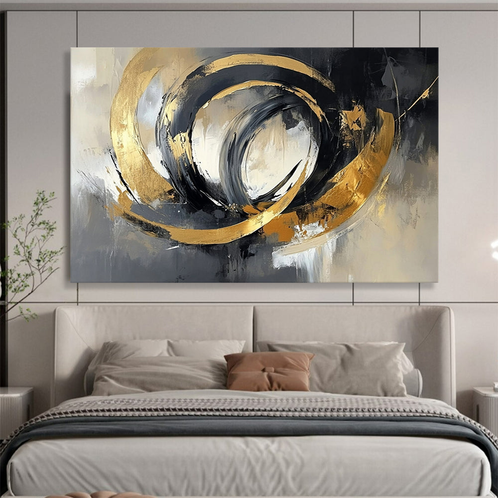 “Swirling Gold - Gray Circles” - Gold, Gray, Swirling Circles Painting On Canvas HB0793