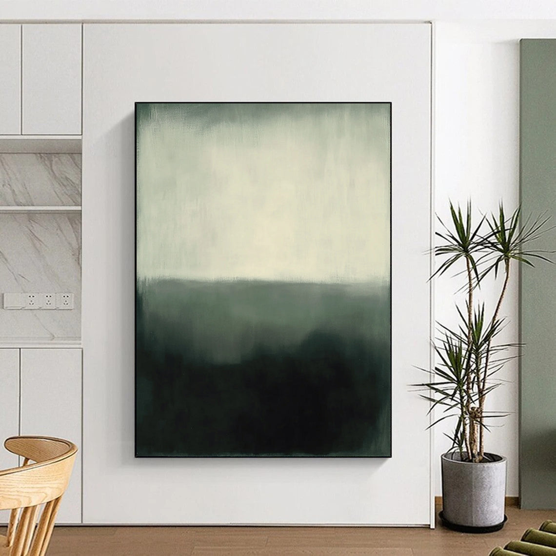 Abstract expressionism in muted gray and white tones featuring heavy brush strokes and a hazy atmosphere against a dark green background. DLZ1033