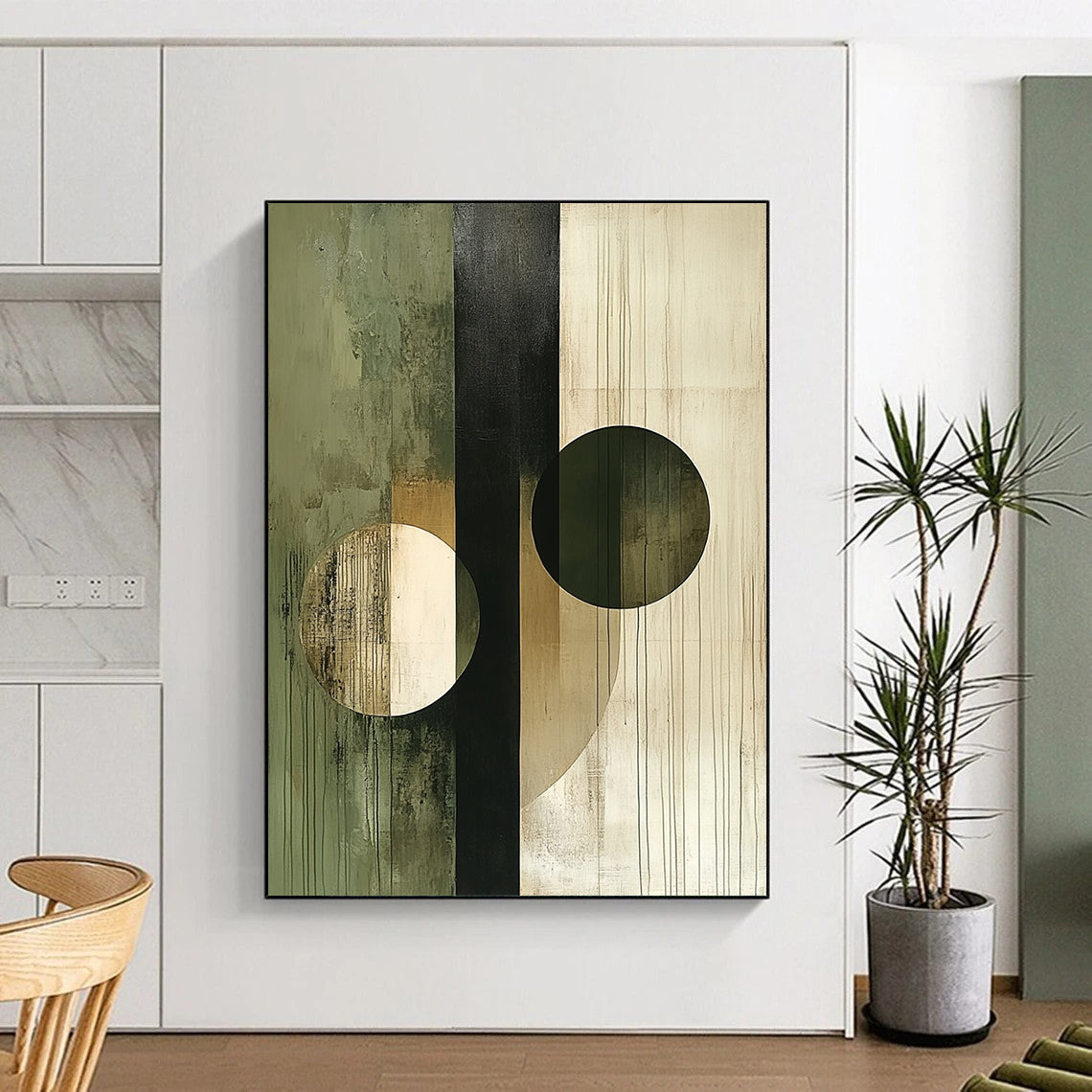 Contemporary abstract artwork featuring circles and lines in beige olive green white and black showcasing deconstructed geometric elements on canvas texture. DLZ0375
