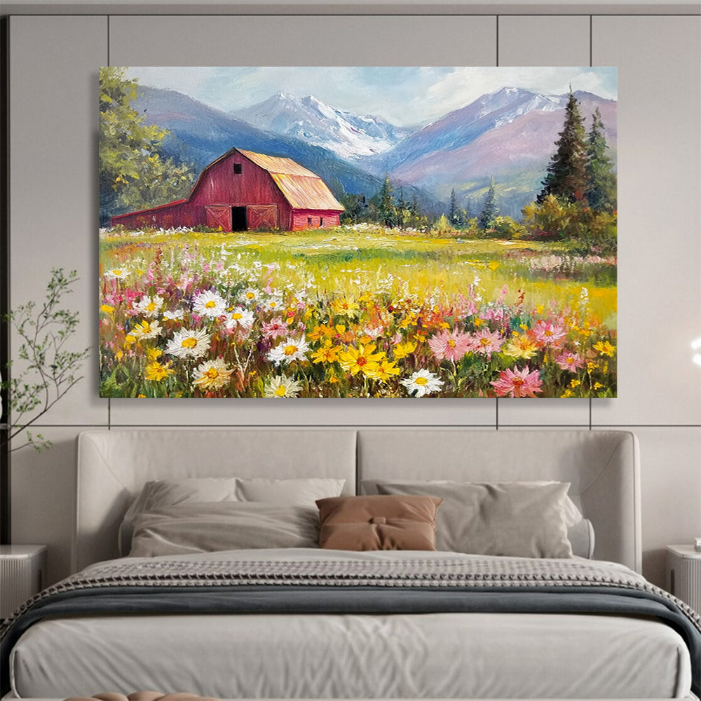 “Mountain Valley Barn” - Lush Greens, Yellows, Pinks, Barn in Flower - Filled Valley - Romantic Oil Painting HB1692