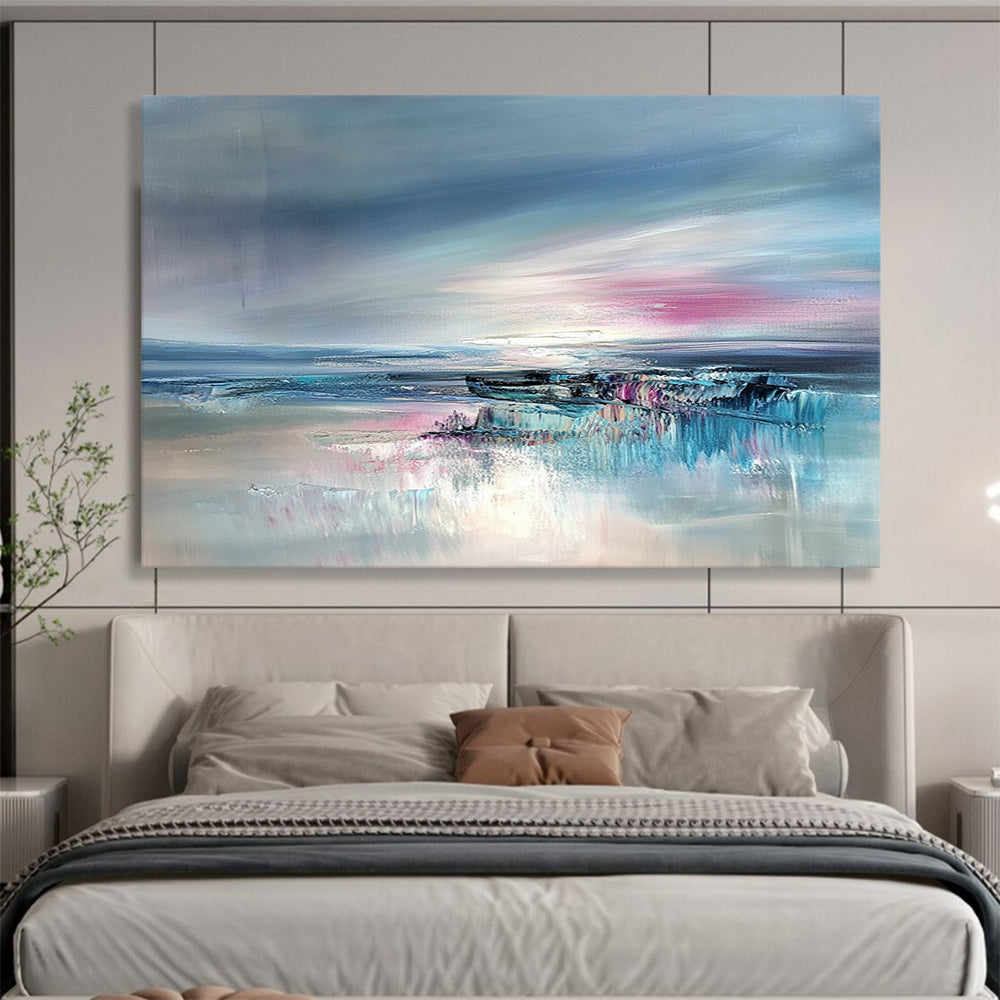 “Abstract Seaside Blush” - Blue, Pink, Gray, Dreamy Coastal Horizon Painting On Canvas HB1031