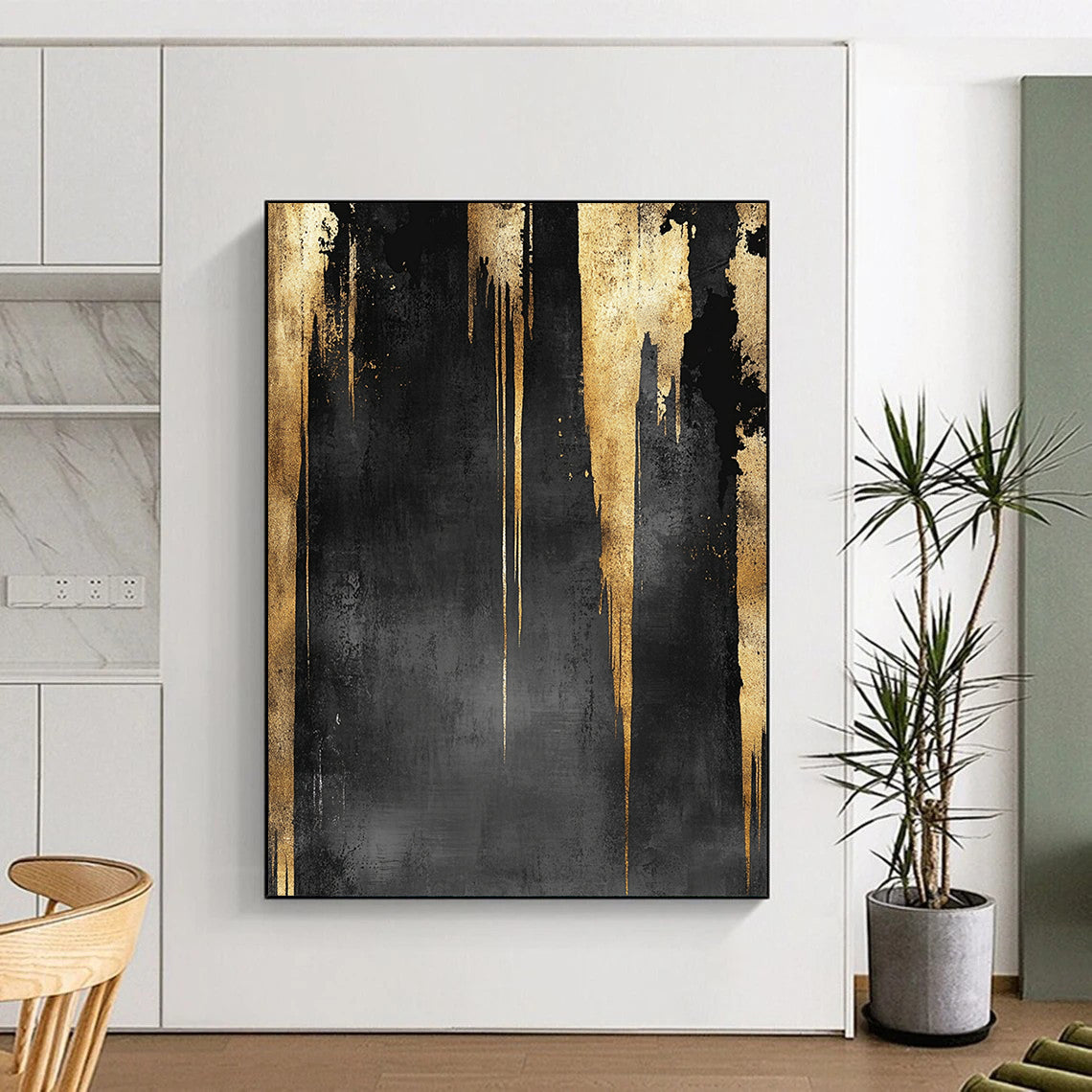 Black, Gray & Gold Dripping Panels - “Monochrome Gilded Falls” Painting On Canvas HB199