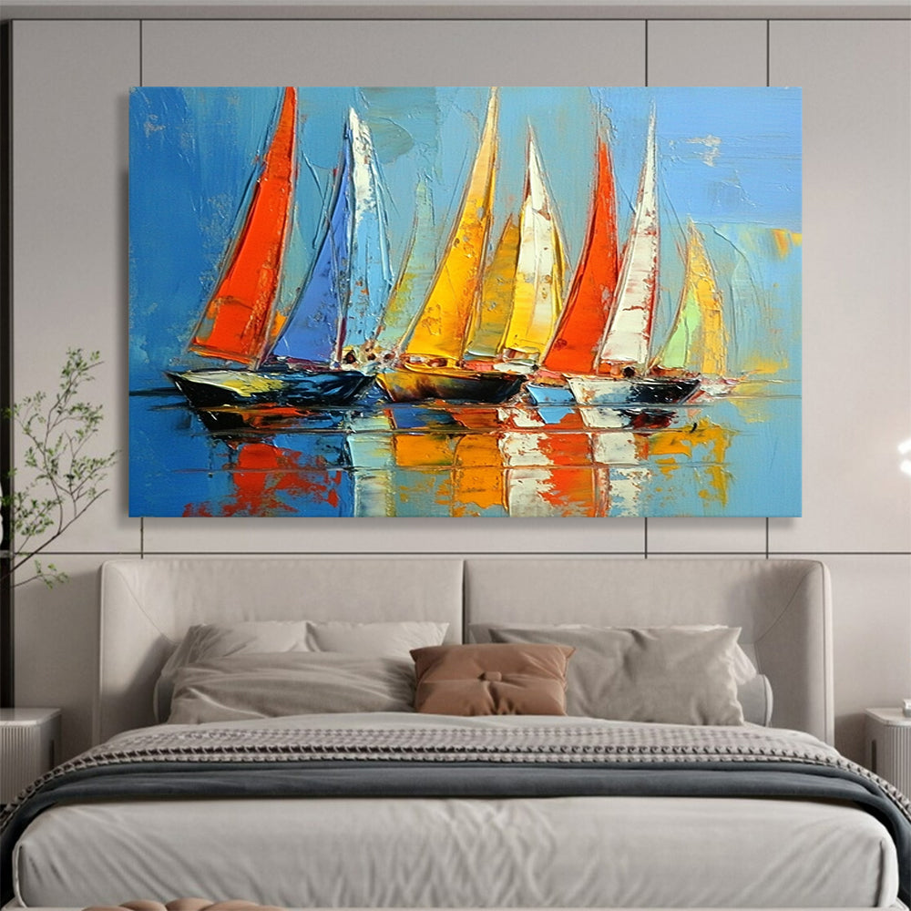 “Vibrant Regatta” - Red, blue, yellow; Colorful sailboats racing on bright water; Palette Knife Oil Painting On Canvas HB1167