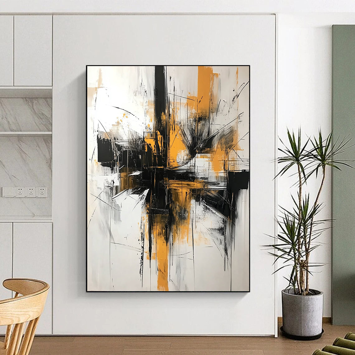Contemporary hand-painted abstract artwork featuring black and white brushstrokes with yellow accents creating dynamic architectural shapes against an off-white background. DLZ1372