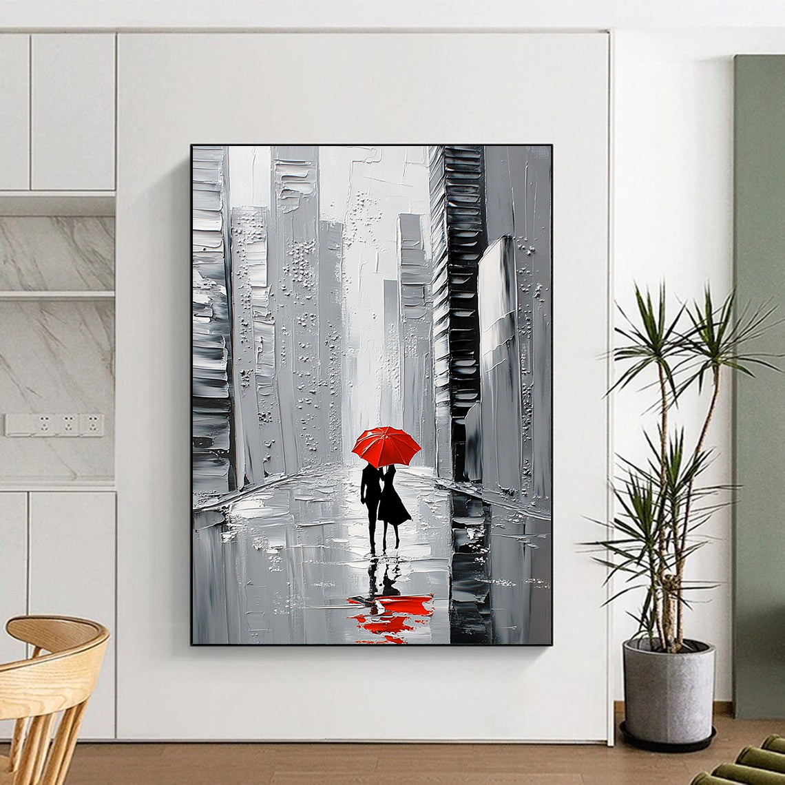 Contemporary abstract painting featuring a white skyline with black skyscrapers a couple walking under a red umbrella on a reflective wet street. DLZ1652