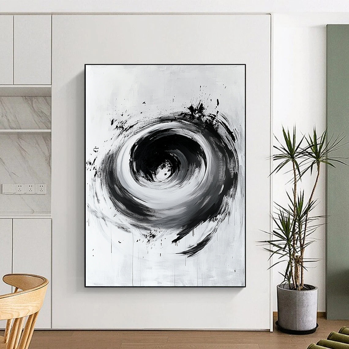 Black and White Swirling Vortex "Cosmic Pull" Painting On Canvas HB261