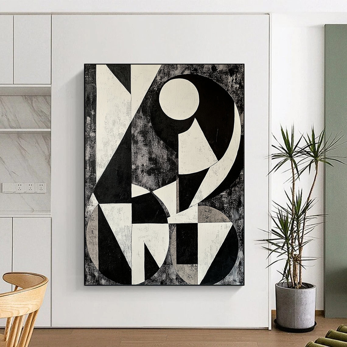 Black, White and Gray Geometric Abstraction "Monochrome Maze" Painting On Canvas HB392
