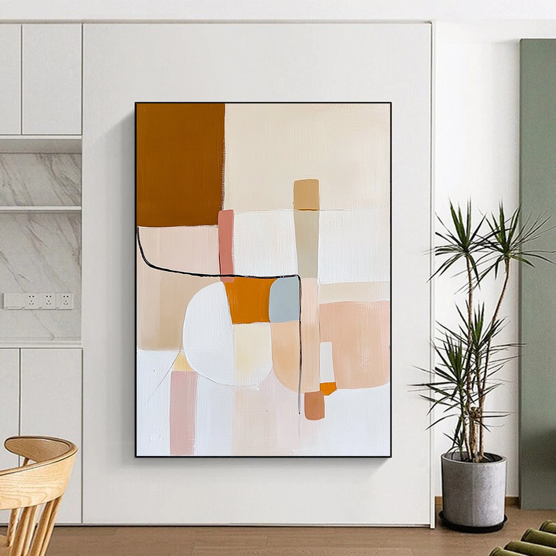 Contemporary abstract oil painting featuring minimal shapes and lines in beige, white, pastel pink, light blue, orange, and brown inspired by Matisse. DLZ0488