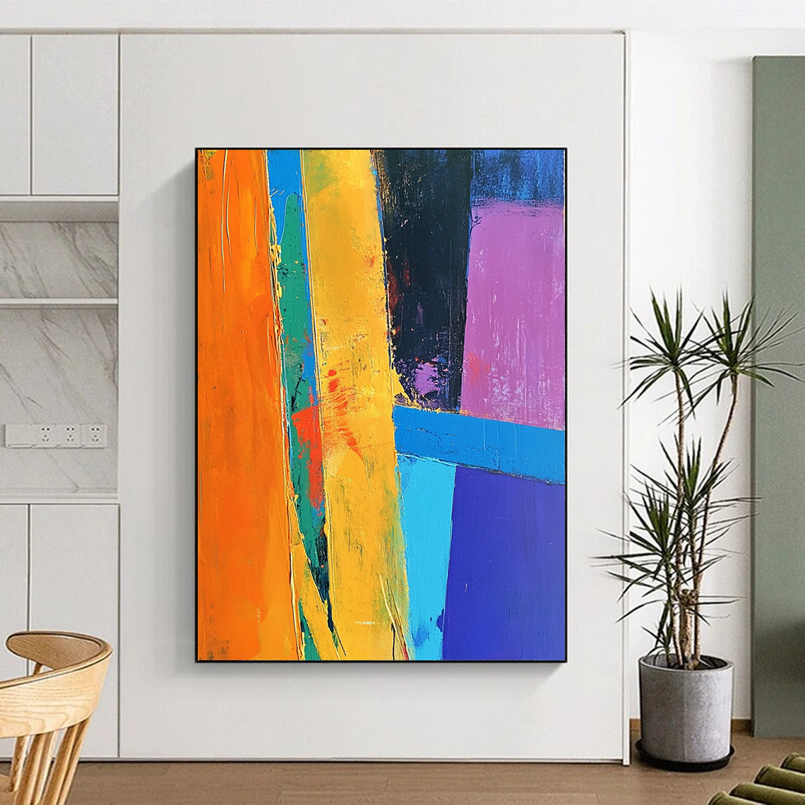 Contemporary hand-painted abstract art features vibrant blue orange yellow with dynamic shapes and lines on a purple background crafted in thick acrylic strokes. DLZ0510