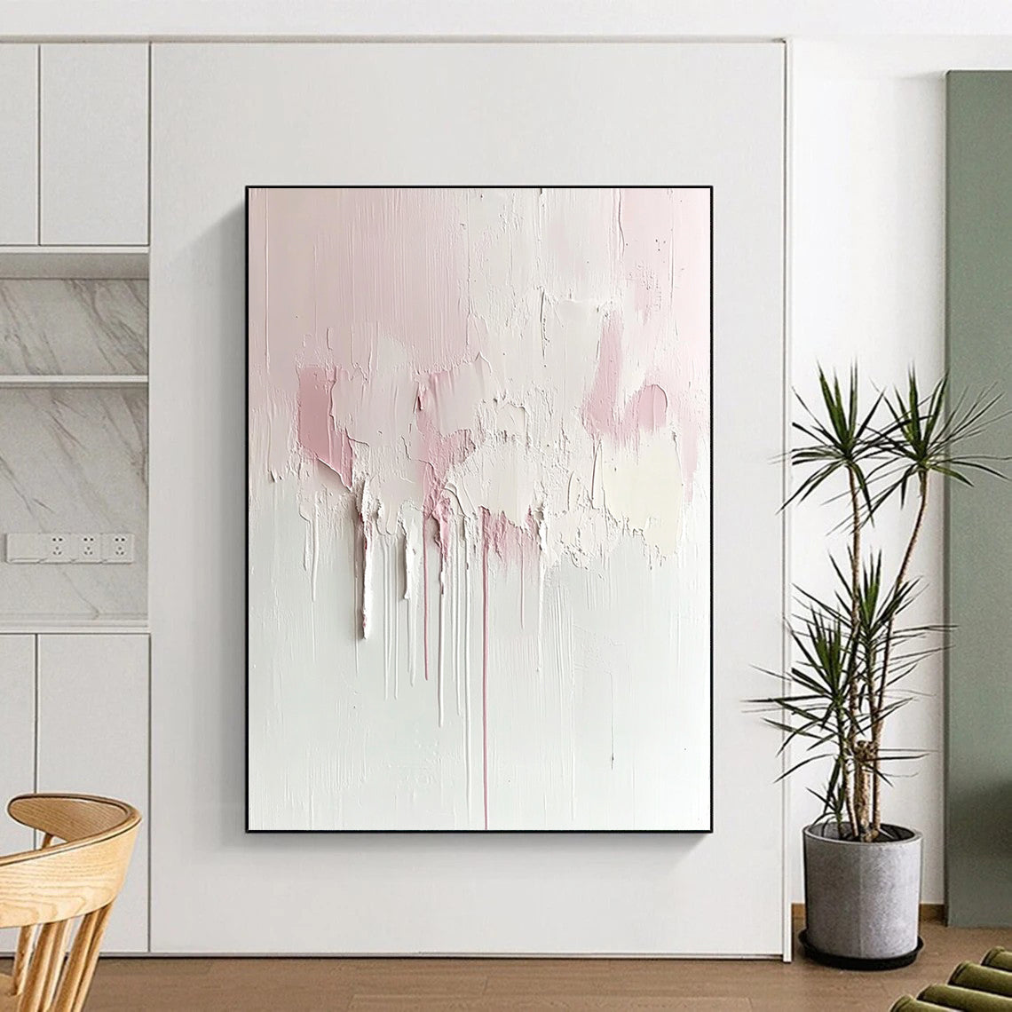 Contemporary abstract painting featuring soft pink and cream hues on a textured white canvas, minimalist design with dreamy aesthetic and large negative space. DLZ0690