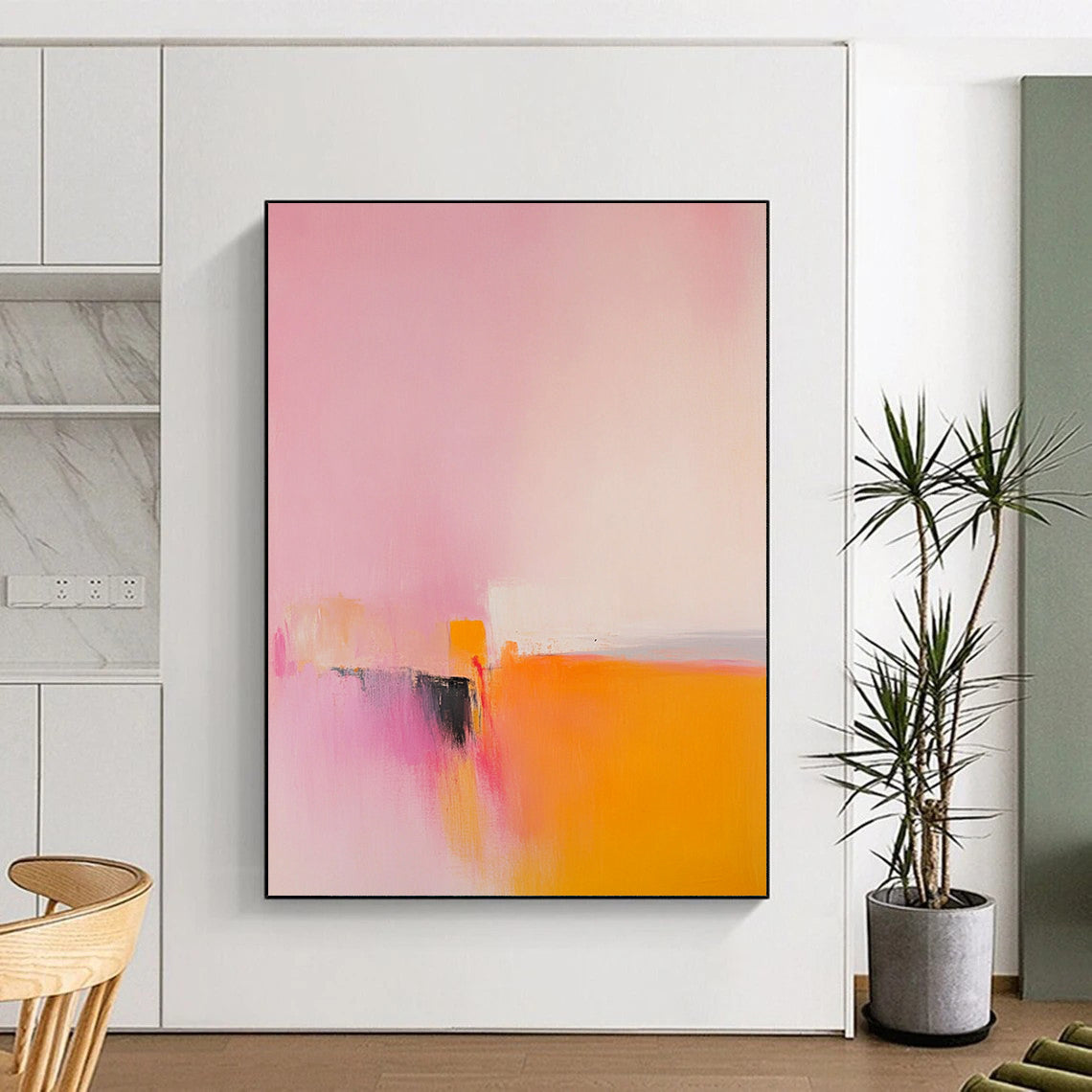 Contemporary abstract painting featuring muted pinks and yellows with soft oranges and minimalism showcasing an abstract dragon head under a vast sky. DLZ1657