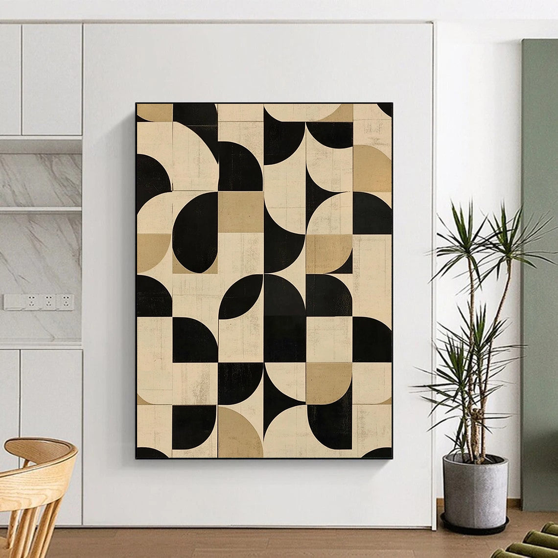 Contemporary abstract art featuring geometric patterns in neutral tones with black and white circular shapes perfect for modern interiors. DLZ1574