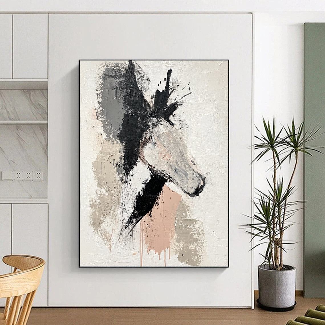 Contemporary abstract painting featuring an animal on a white background with muted colors bold black gray beige and pink brush strokes and raw texture. DLZ0867