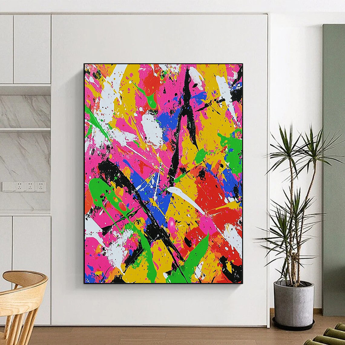 Dynamic contemporary abstract art featuring chaotic splatter in neon colors with bold brushstrokes evokes joy and energy for vibrant spaces. DLZ1256