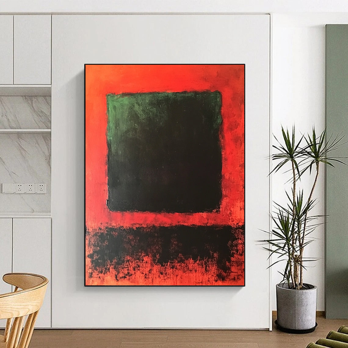 Contemporary hand-painted abstract artwork featuring a central dark green and black square against a blended vibrant red background. DLZ1449