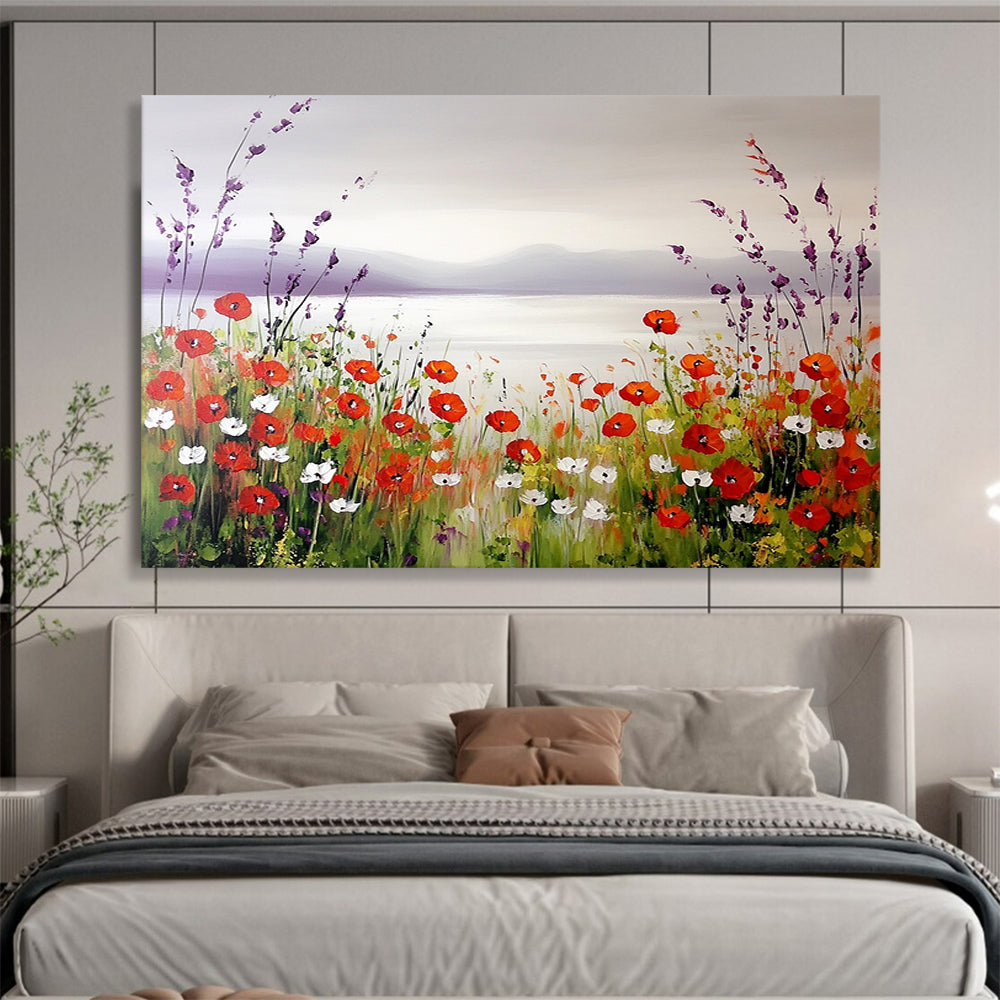 “Poppy Lake Serenity” - Red poppies, purple hills, blue lake, Idyllic Landscape Painting On Canvas HB0582