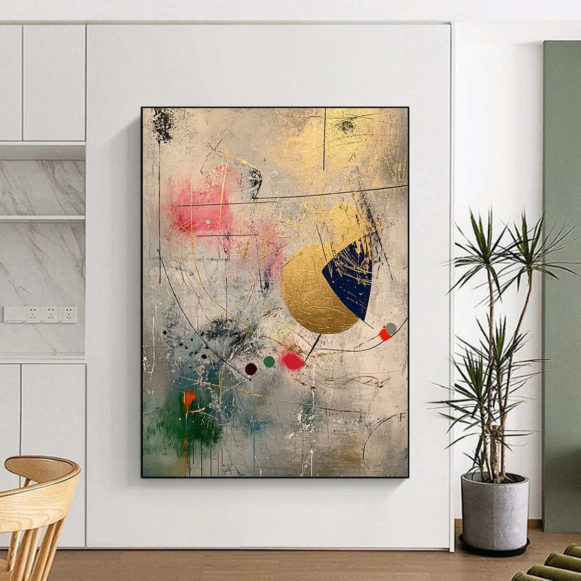 Gray, Gold, Pink, Blue, Abstract Shapes "Whimsical Fusion" Abstract Painting On Canvas HB032