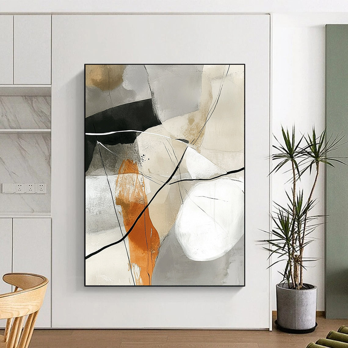 Large contemporary hand-painted abstract artwork featuring white lines and black ink on a grey background with neutral tones of beige olive green rust orange and warm gray-brown. DLZ0265