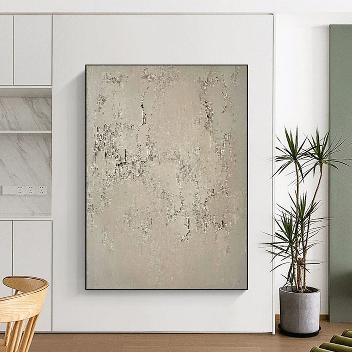 Contemporary hand-painted abstract artwork featuring a textured beige wall with intricate white patterns, capturing the beauty of weathered cement in muted tones. DLZ1115