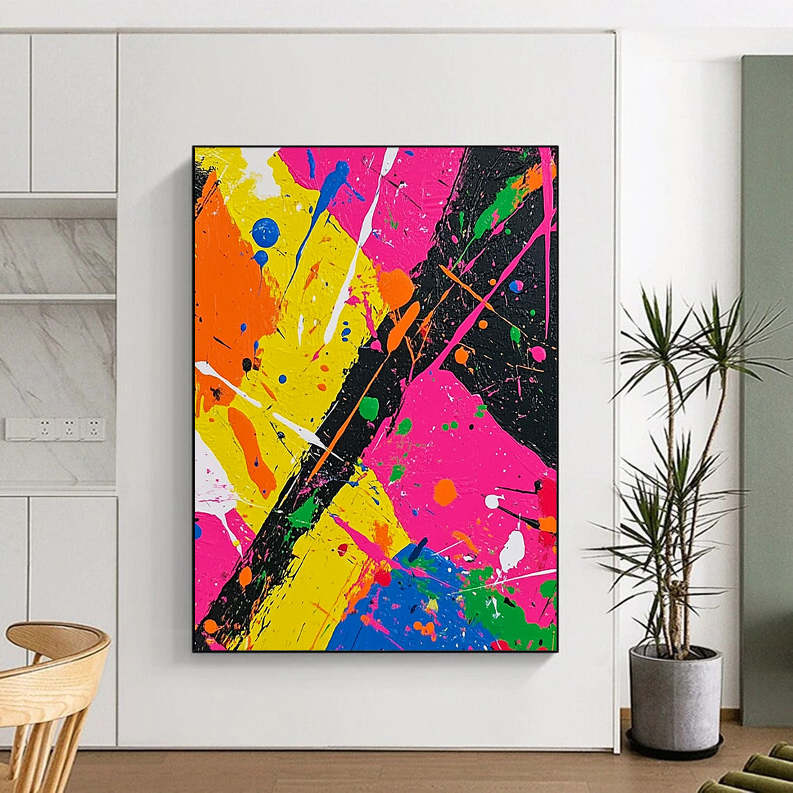 Vibrant contemporary abstract painting featuring bold neon colors and dynamic splashes in a Jackson Pollock-inspired style perfect for modern art collectors. DLZ0614