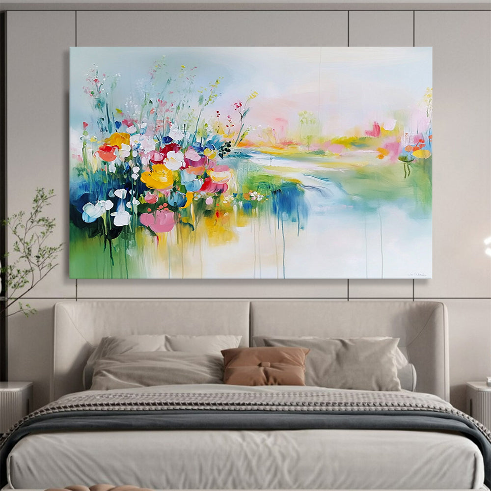 Colorful Flower Field by the River - Dreamy Abstract Landscape Painting On Canvas HB0433