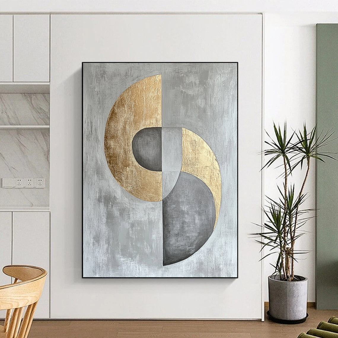 Gray, Silver and Gold Geometric Abstraction "Harmonious Circles" Painting On Canvas HB398