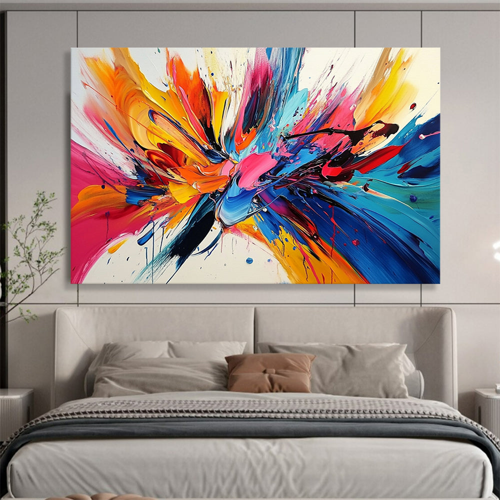 “Explosive Colorful Splashes” - Colorful Palette, Explosive Paint Splashes Painting On Canvas HB0860