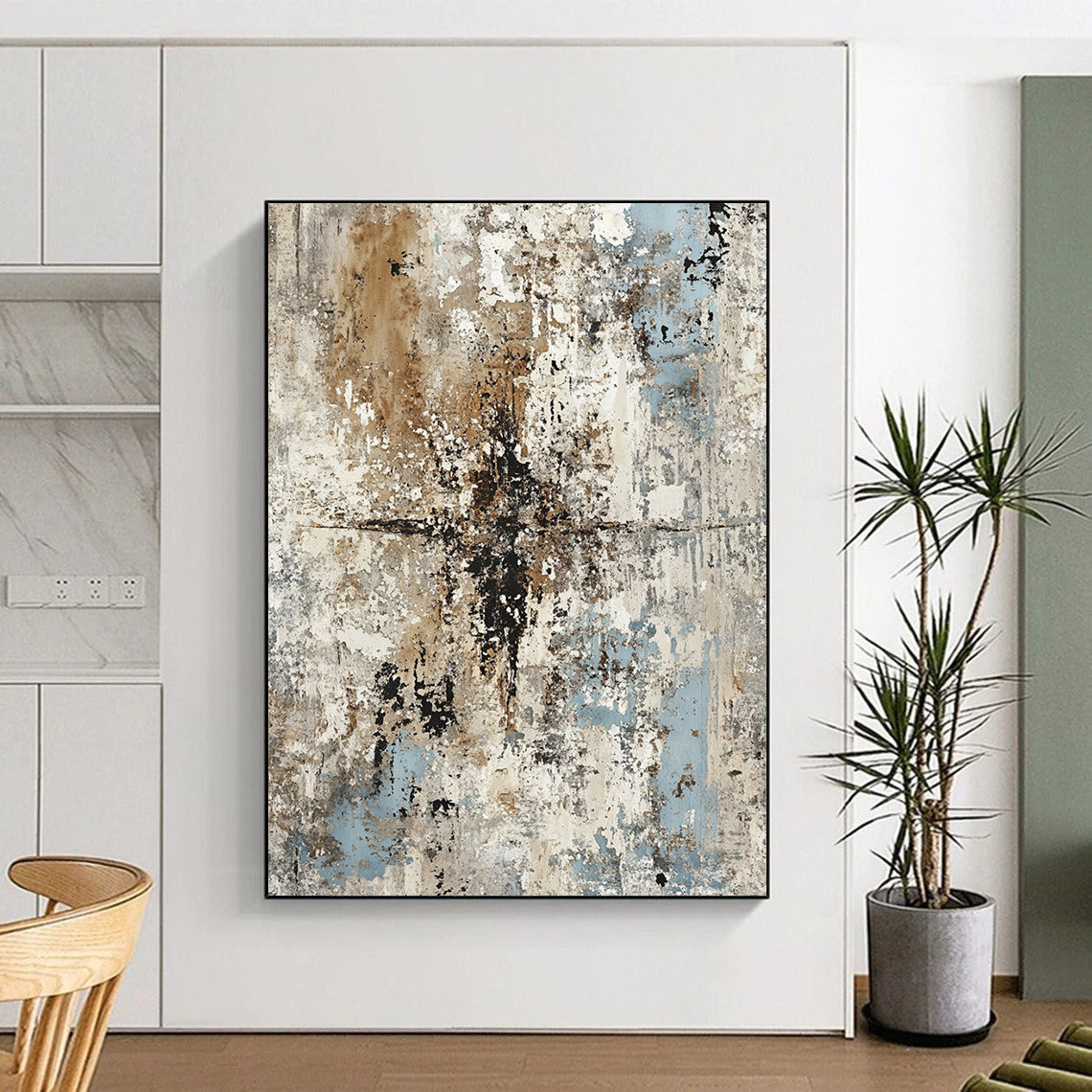 Contemporary hand-painted abstract artwork features weathered concrete and peeling paint in muted grays browns and blues for timeless elegance and rustic charm. DLZ1168