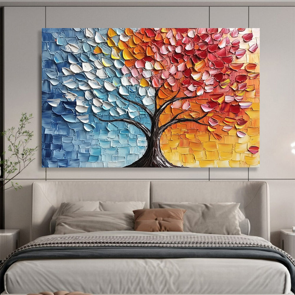 “Split - Color Textured Tree” - Blue, Orange, Red, Yellow, Textured Tree Silhouette - Palette Knife Acrylic Painting HB1638