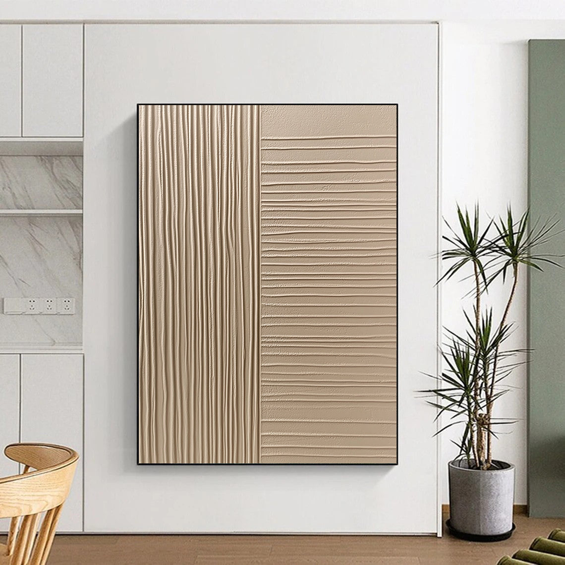 Contemporary hand-painted abstract art features beige wall cladding with smooth textured panels showcasing vertical grooves and flat surfaces for a sophisticated aesthetic. DLZ1532