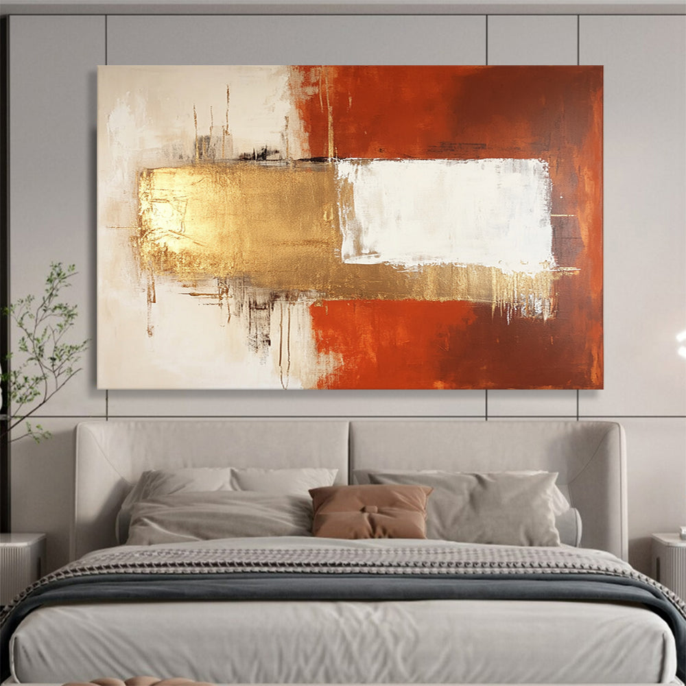 “Elegant Geometric Fusion in Orange, Gold, and White” - Orange, gold, white; Abstract geometric blocks; Acrylic Painting On Canvas HB1226